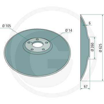 Eggeschijf glad, Ø: 625 x 6 mm - buiten-Ø: 625mm, dikte: 6mm, gatafstand-Ø: 135mm, aantal boringen: 5