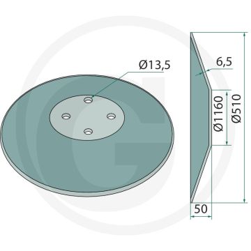 Eggeschijf 510mm buiten-Ø glad 4 boringen 13mm borings-Ø 50mm buiging