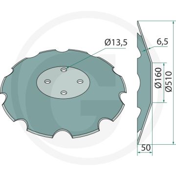 Eggeschijf getand 510mm Ø 6,5mm dikte 10 tanden 4 boringen 13,5mm Ø buiging 50mm Ø vlakke aanzet 160mm