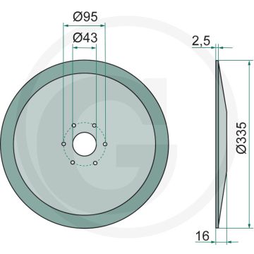 Schijfkouter glad, Ø: 335 x 2,5 mm - gatafstand-Ø: 95 mm