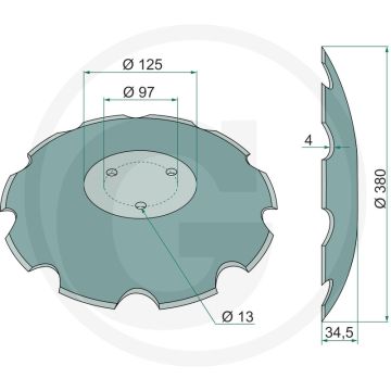 Schijfkouter getand 380x4 mm, 7 tanden