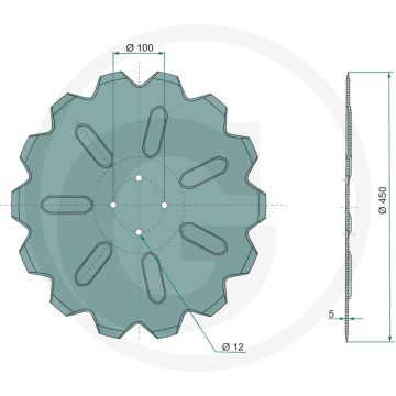 Coupleur à disque Ø : 450 x 5 mm 18", moleté avec 4 trous de fixation pas 4 x 100 x 12 mm - 14 dents