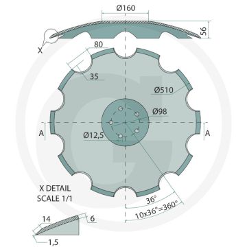 Roue dentée Ø510x6 mm - 10 dents, 5 alésages