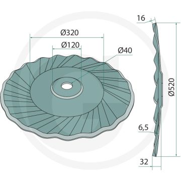 Tellerscheibe rechts - buiten-Ø: 520mm, dikte: 6,5mm, uitvoering: gewellt, naafgat-Ø: 40mm