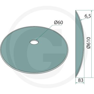 Tellerscheibe 610mm buiten-Ø 24" dikte 6,5mm glatt buiging 83mm