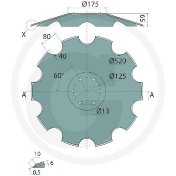 Sechsscheibe gezackt 520 x 6 mm / 6-loch - 520 x 6 mm, 10 tanden