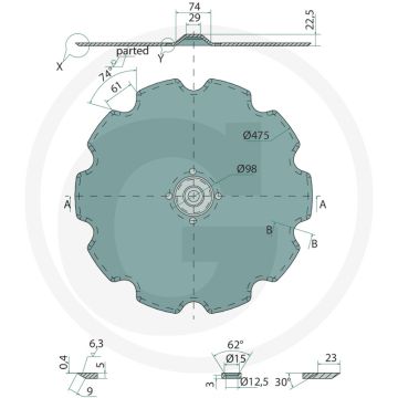 Tellerscheibe 475mm Ø, 5mm dikte, gezahnt, 10 tanden