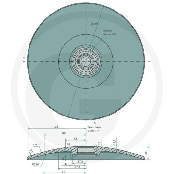 Flexibele schijf met lagerhuis, binnengat-Ø: 21,2 mm binnen-Ø lagerhuis: 35 mm buiten-Ø: 249 mm - dikte: 10mm