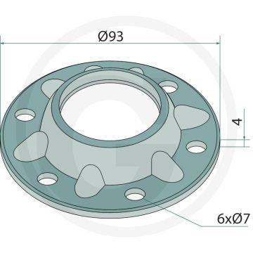 Lagerflens 4mm dik, 6 gaten, Ø 93mm, gatafstand 80mm, gat-Ø 7mm