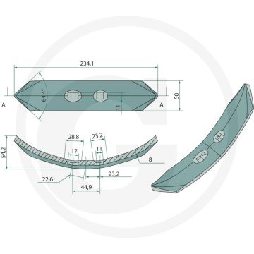 Cultivatortand - afmetingen: 234 x 50 x 8 mm, gatafstand: 45 mm
