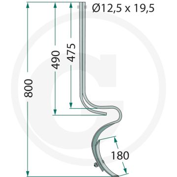 Tand met schaar, met verstevigingsveer - vierkant 40x10mm, totale lengte 800mm