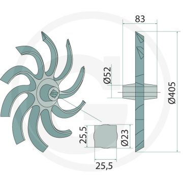 Hakselster rechts - afmetingen: loopbreedte 22mm, naafbreedte 83mm, voor as-Ø 25mm