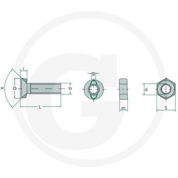 Ploegbouten met moer kwaliteitsklasse 8,8 80mm m20 din 11014 rond met 2 nokken