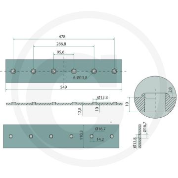 Zoolijzer inclusief bouten, lang, aan beide zijden te gebruiken - passend voor lichaam h4