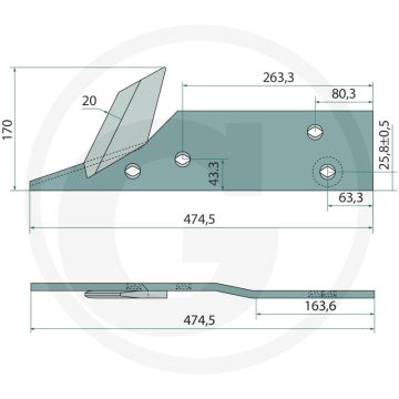 Anlage rechts kurz mit scharmesser passend voor lichaam: yl, ylr lengte 474,5mm