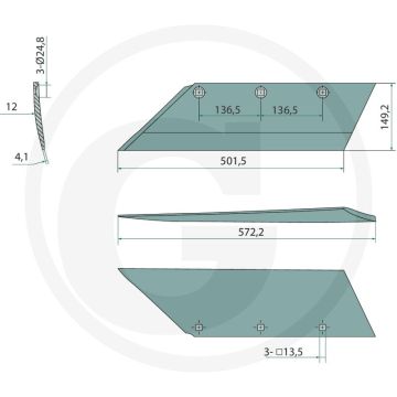 Beitel inclusief bouten, links, 20" versterkt 12 mm - passend voor diverse lichaamstypen