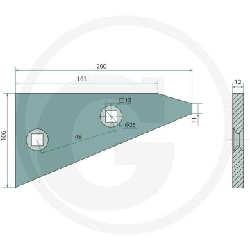 Zoolpunt rechts / links - lengte 200mm, gatafstand 88mm