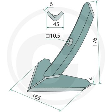 Gänsefußschar 165mm werkbreedte 4mm dikte 176mm lengte 49° hoek