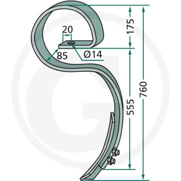 Dents à ressort complètes avec burin (300 x 53 x 7 mm, espacement des trous : 45 mm) - carré 70 x 12