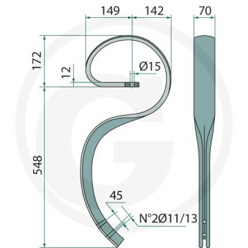 Dent à ressort sans burin - carré 70 x 12 mm