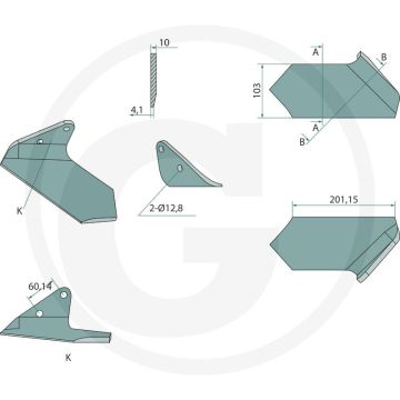Ganzevoetbeitel breed, links - tiger mulch mix-systeem, 196 x 10mm, 2 gaten, 196mm werkbreedte