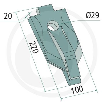 Heavy duty schaarpunt met hardgesoldeerde hardmetalen slijtplaat - afmetingen: 100 x 20