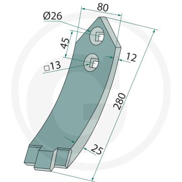 Heavy duty schaarpunt met hardgesoldeerde hardmetalen slijtplaat - afmetingen: 280 x 80 x 25 - 12