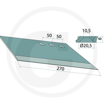 Seitenflügelschar 270mm lengte 8mm dikte 3 gaten
