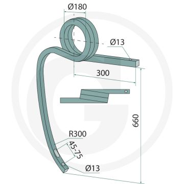 Schwergrubberstiel gedreht rechts - gatafstand 45-75mm, radius r 300, vierkant 35x35mm