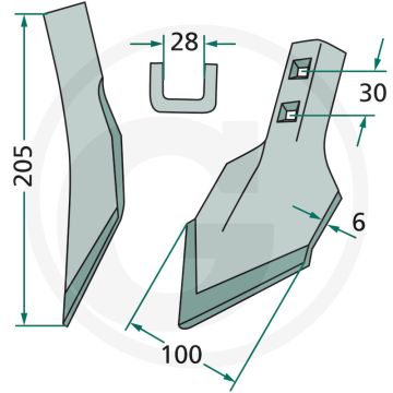 Beitel, zwaar radius: 250, 205x100x6 mm, m12 din 608, 2 gaten, 100 mm werkbreedte