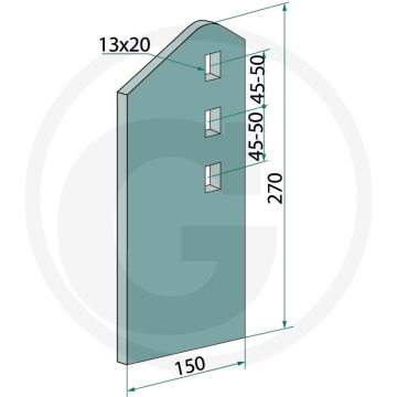 Slijtdeel recht - werkbreedte 150mm, dikte 8mm, afmetingen 270 x 150 x 8mm