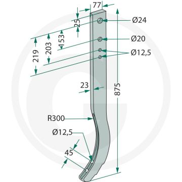 Cultivatortand, zwaar - l (mm): 875, Ø d1 (mm): 24, Ø d2 (mm): 20, d3 (mm): 12,5, Ø d4 (mm): 12,5, a (mm): 153, b (mm): 203, c (mm): 219, d (mm): 77, e (mm): 45