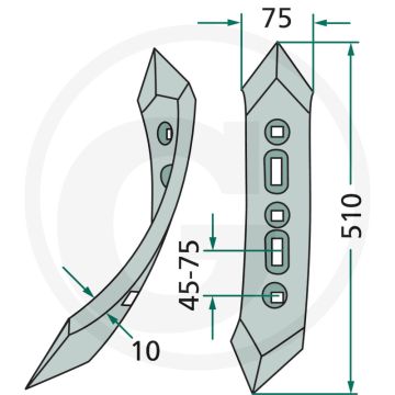 Beitel links, omkeerbaar, gedraaid - afmetingen: 510 x 75 x 10 mm
