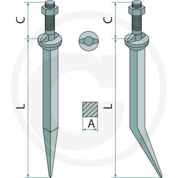 Eggetand met 2 nokken in de aansluiting van nature hard, gebogen - lengte 150mm