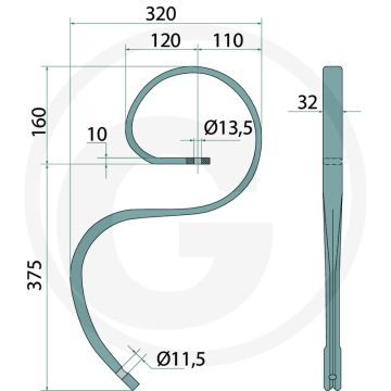 Cultivatortand versterkt, compleet met schaar - afmetingen: 32 x 12 mm