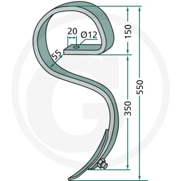 Cultivatortand compl. met beitel, gebogen - afmetingen: 32 x 12 mm