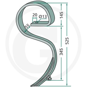 Dent de cultivateur complète avec ciseau, courbée - dimensions : 32 x 12 mm