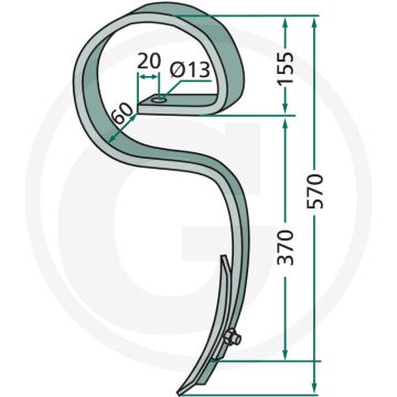Cultivatortand compl. met beitel, gebogen - afmetingen: 32 x 10 mm