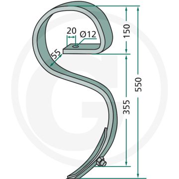 Cultivatortand compl. met beitel, gebogen - afmetingen: 32 x 10 mm