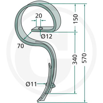 Cultivatortand compleet met beitel - afmetingen: 32 x 10 mm