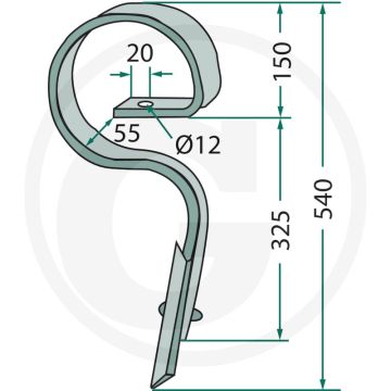 Cultivatortand recht, compl. met beitel - afmetingen: 32 x 10 mm