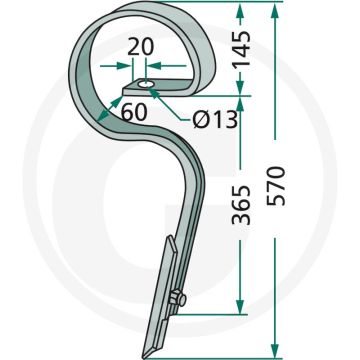Cultivatortand recht, met beitel - lengte 570mm