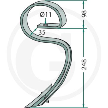 Cultivatortand compl. met beitel, gebogen - afmetingen: 25 x 8 mm