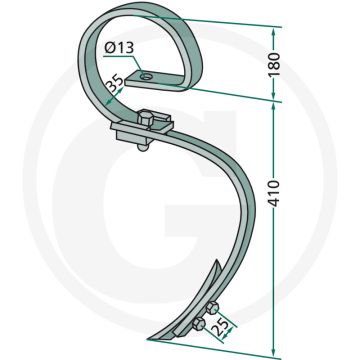 Cultivatortand type "multiplex", compl. met beitel, gebogen - afmetingen: bovengedeelte 32 x 10, ondergedeelte 26 x 10