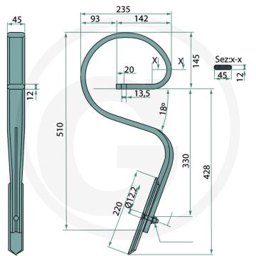 Cultivatortand recht, compl. met beitel - afmetingen: 45 x 12 mm