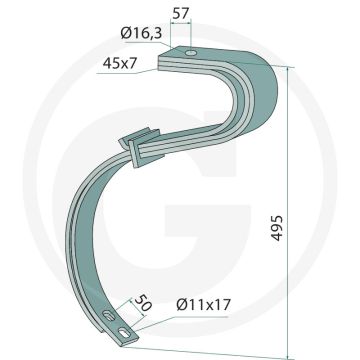 Cultivateur dent 2 1/2 couche - dimensions : 45x7 mm, longueur : 495 mm, espacement des trous : 50 mm