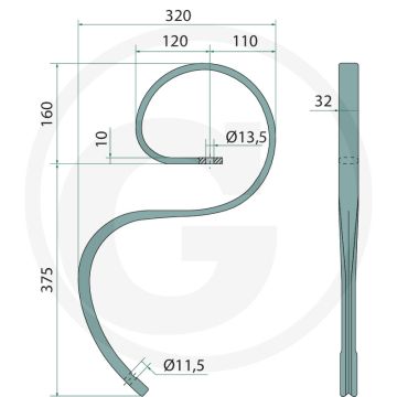 Veertand 32 x 10 mm: 435 mm lengte, vierkant 32 x 10 mm