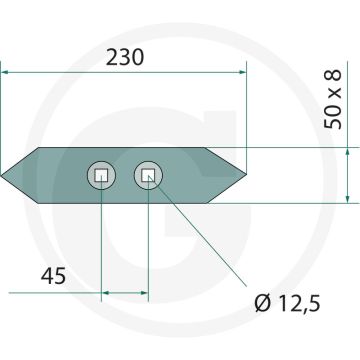 Beitel - afmetingen: 230 x 50 x 8 mm, dikte: 8 mm, aantal gaten: 2, werkbreedte: 50 mm