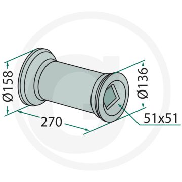 Tussenstuk voor vierkant-assen 50 x 50 - Ø 660, 710 (158 x 136 mm)