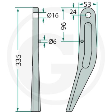 Rotorkopegtand - Passend voor Amazone - Lengte: 335mm - Breedte: 53mm